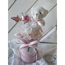 Słodki Flower Box z wieczną różą i pluszowym Misiem Prezent Komunia